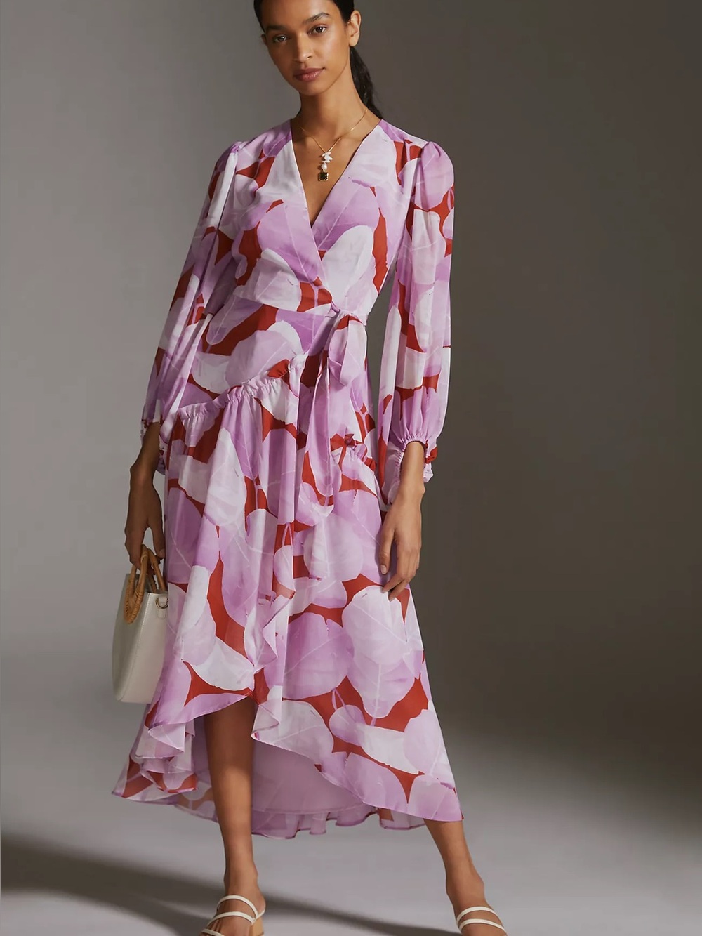 Hutch Anthropologie “Geo Wrap” Lavender and Rust Floral High-Low Wrap Dress